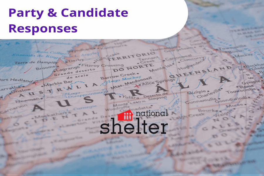 Map of Austraia with Shelter logo and text: Candidate and Party responses